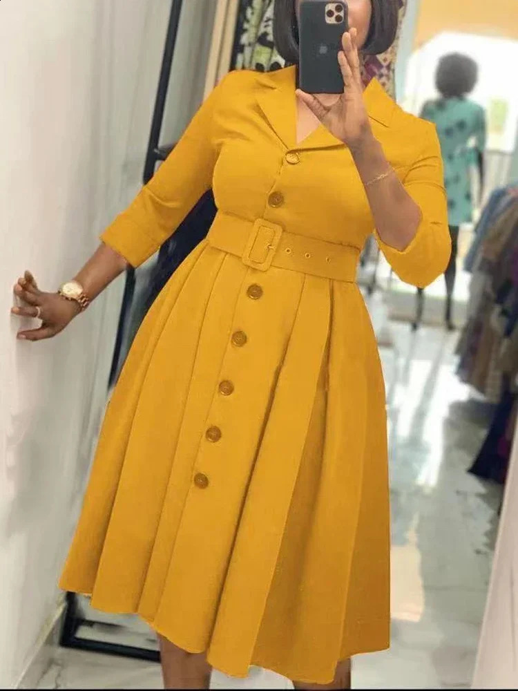 Office Dresses for Women Long Sleeve Button Down Notched Lapel Waist Belt A Line Midi Dresses Elegant Work Business Church Wear 250226
