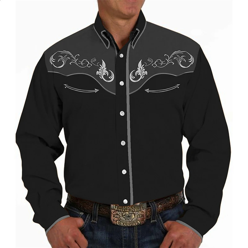 Vintage Floral Pattern Western Shirts For Men Spring Autumn Fashion Casual 3D Printed Long Sleeve Shirt Loose Streetwear Blouse 250225