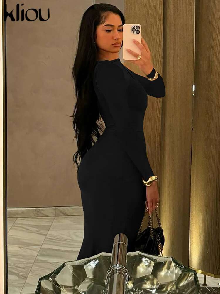 Kliou Earlier Autumn Women Dresses Casual Solid Full Sleeve Round Neck Shirring Sheath Vestidos Mujer Classic Street Club Robe