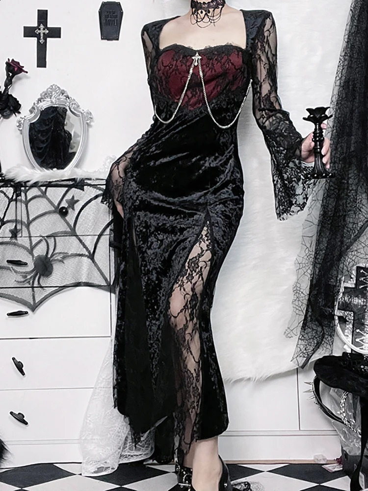 Goth Dark Elegant Mall Gothic Women Evening Dresses Grunge Aesthetic E-girl Velvet Midi Dress Lace Splice Sexy Split Alt Outfits 250226
