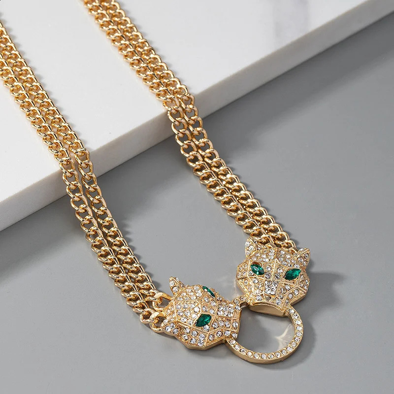 Hip Hop Crystal Double Leopard Head Pendant Necklace With Double Cuban Chain For Men Women Fashion Panther Jewelry drop 250228