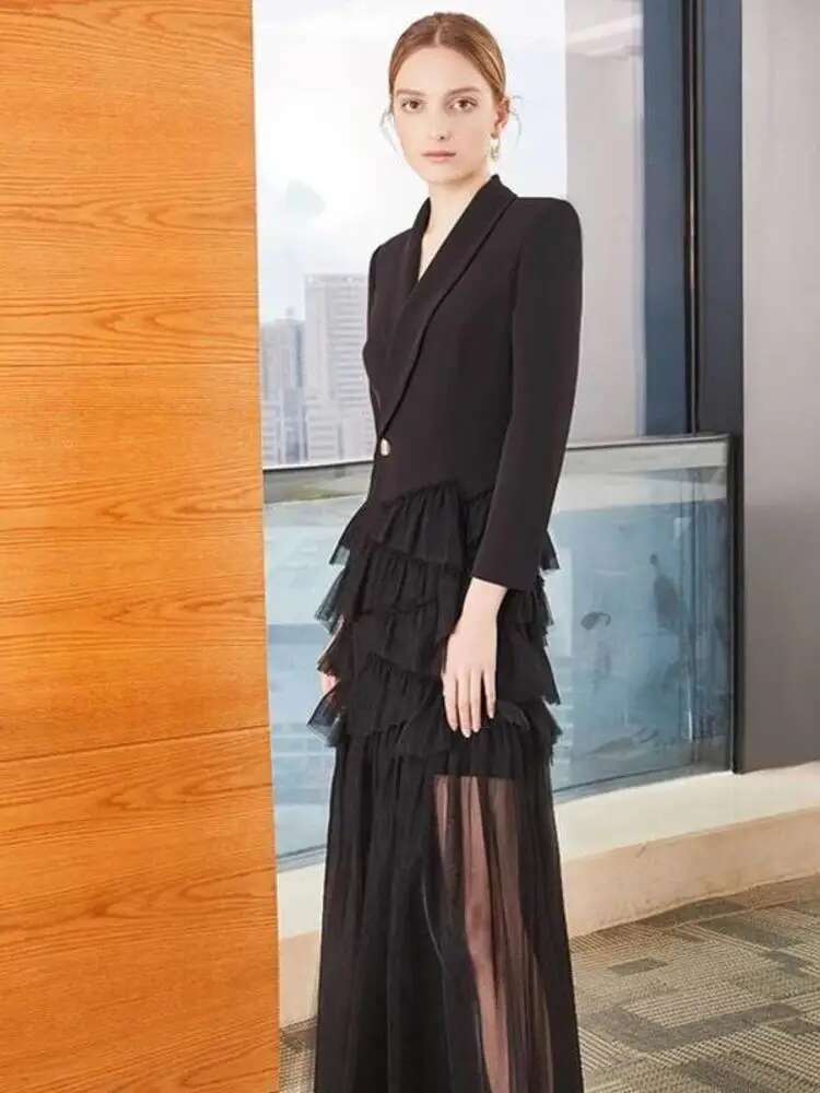 Fashion Elegant V-Neck Suit Mesh Dress All Match White Long Cake Skirt Women 2025 Spring Autumn 16U7263