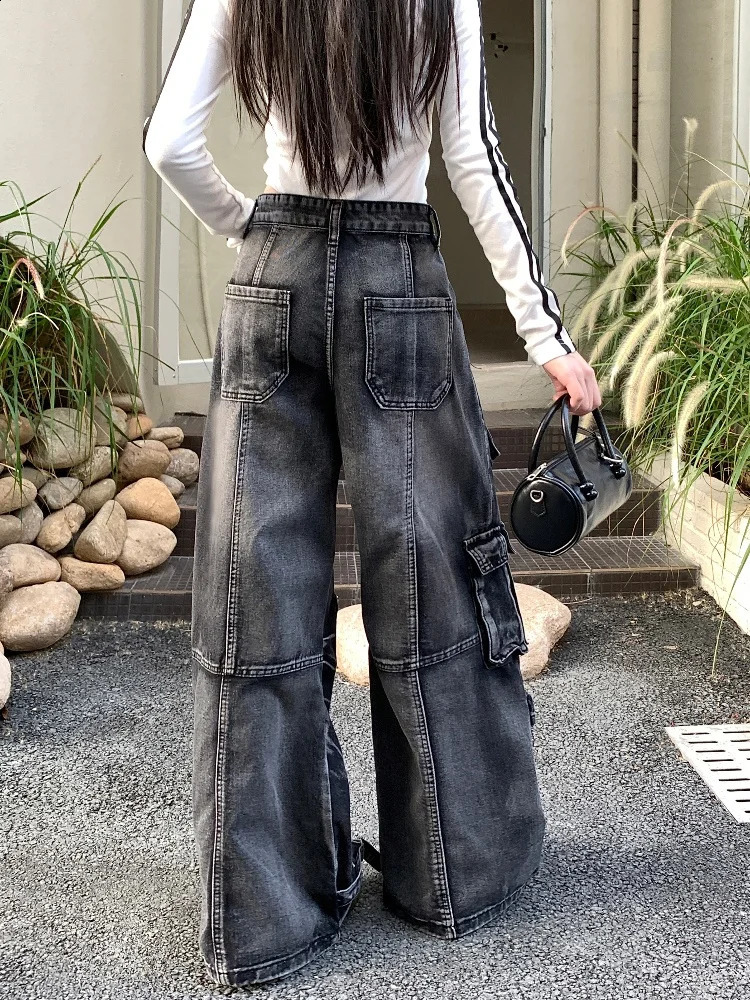 Garbage Y2K Street Laundry Black Luggage Cargo Jeans Womens Clothing Wide Leg Multi Pocket Gothic Womens Handcart 250225