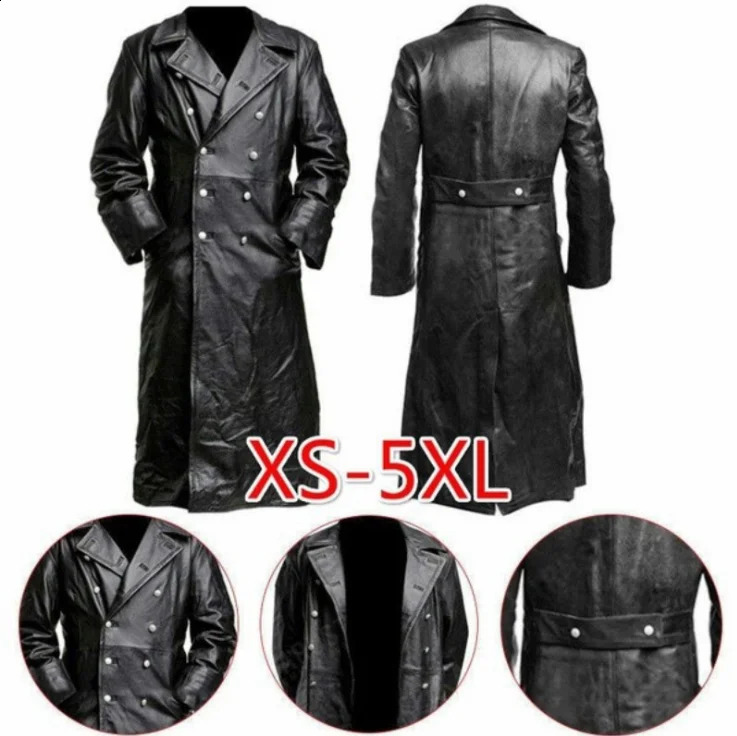 MENS GERMAN CLASSIC WW2 MILITARY UNIFORM OFFICER BLACK REAL LEATHER TRENCH COAT y250225