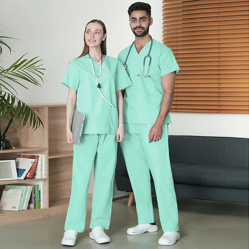 V-Neck Hospital Uniforms Set Nurse and Doctors Work Suits with Hand Scrubbing Clothes 65polyester 35cotton scrub sets 250225