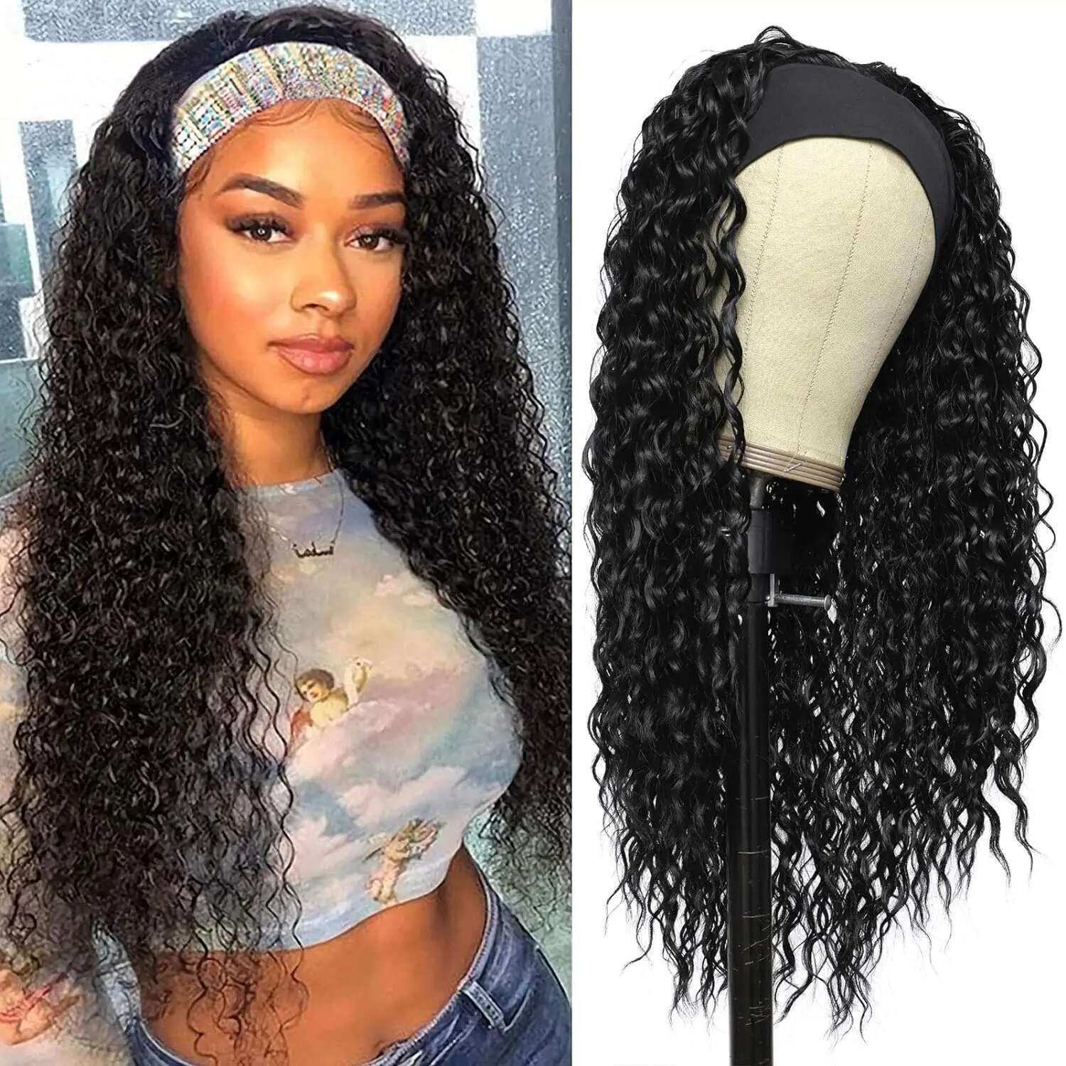 Black Women Synthetic 24Inch Wet And Wavy Headband Wig Curly Wave Long Wigs For Daily Party