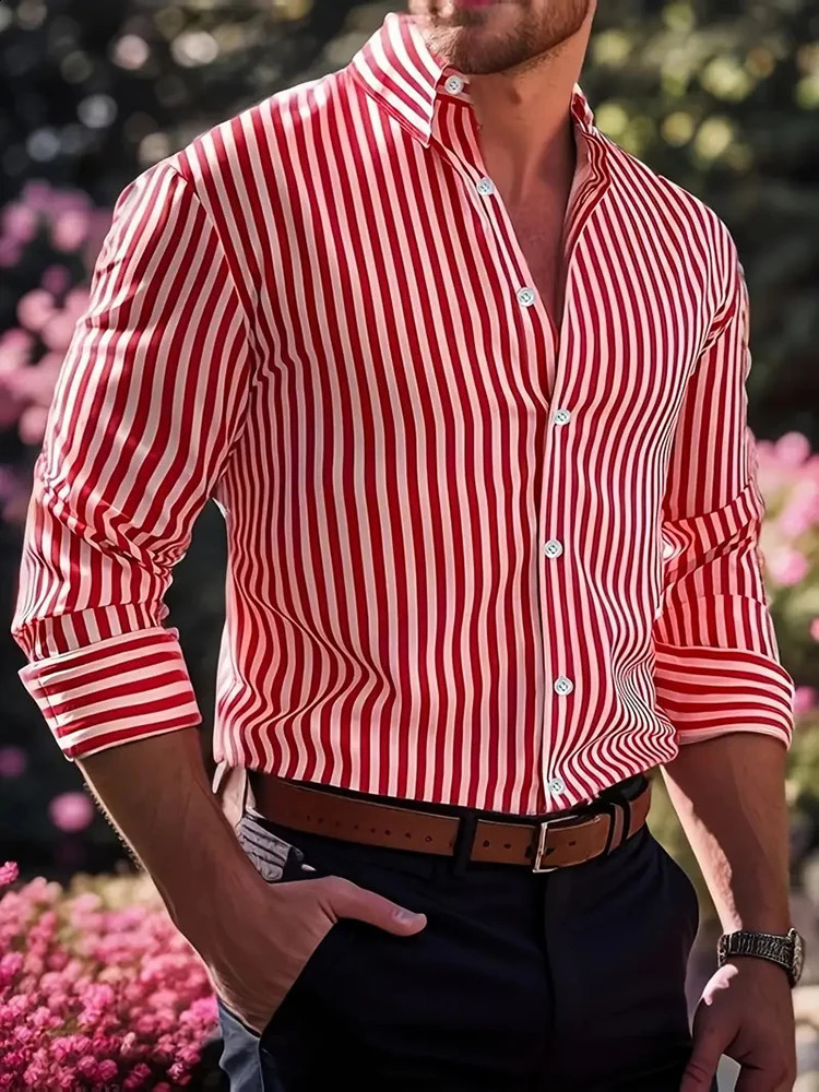 Streetwear Vintage Striped Shirt For Mens Long Sleeve Button-up Turn-down Collar Shirts Men Clothes Spring Casual Cardigan Tops 250224