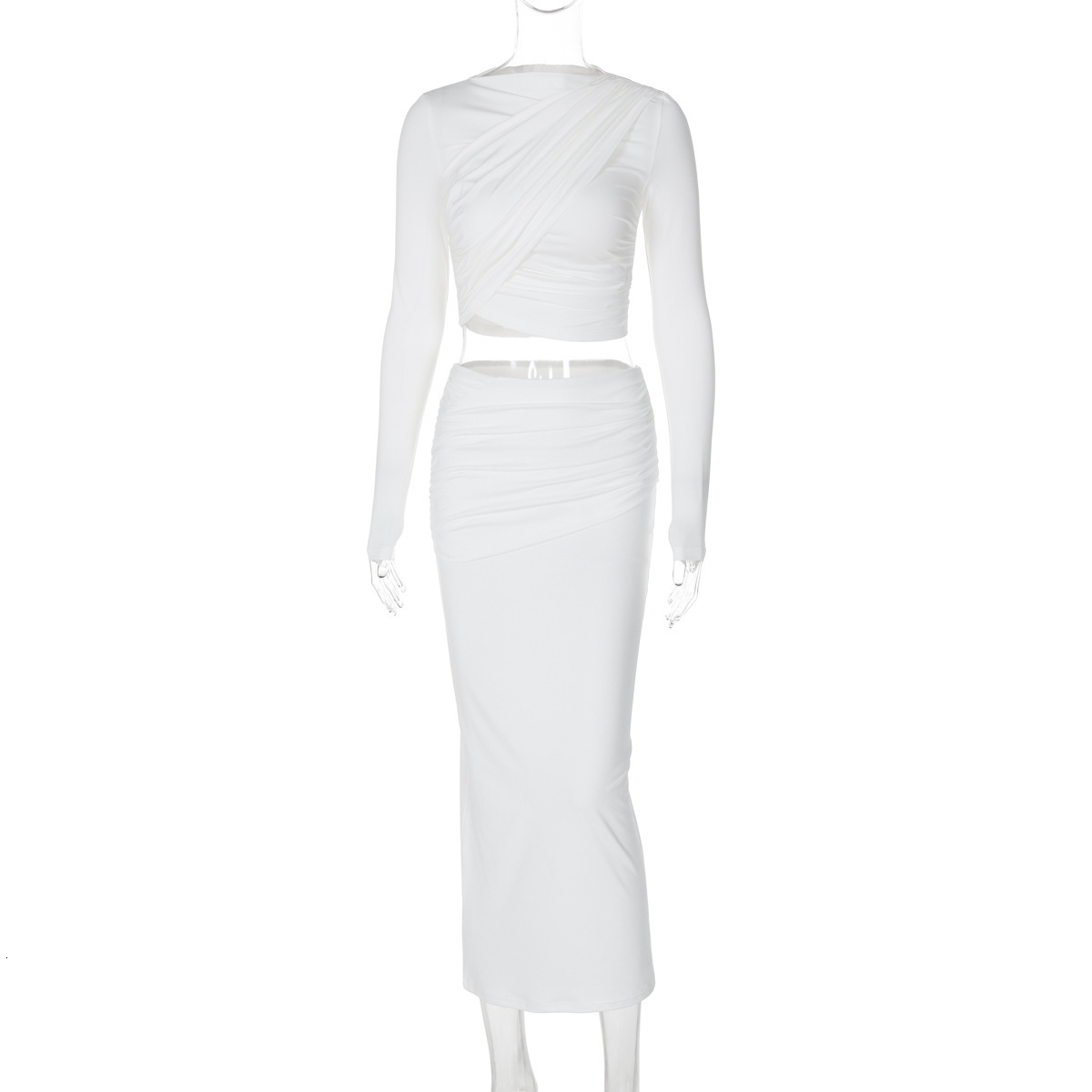 Women's Clothing New4 Autumn/Winter New Round Neck Long Sleeved Crop Top Slim Fit Skirt Set For Women