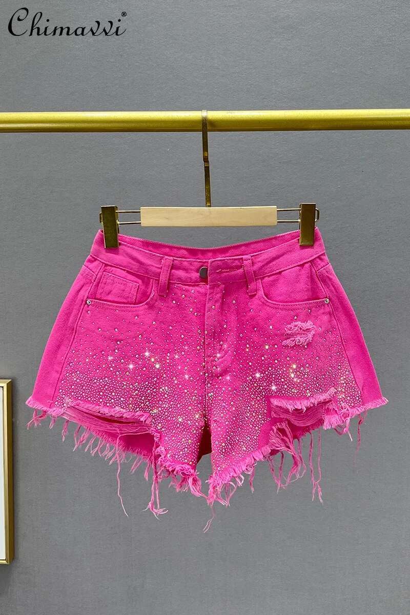 Heavy Ripped Denim Shorts Women's Hot 2023 Summer New High Waist Slimming European Color Rhie Jean Wide Leg Pants