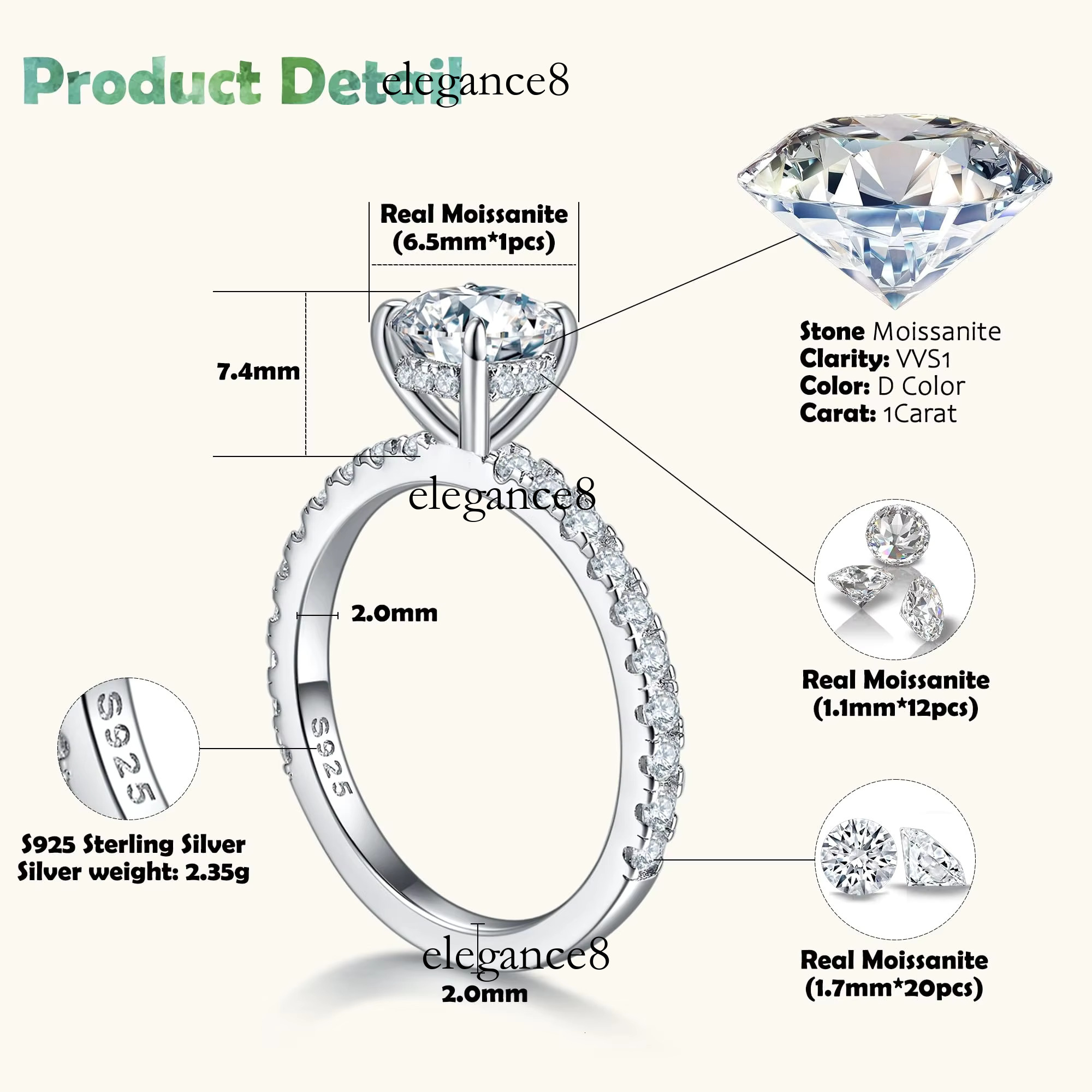 1CT Promise Wedding D Color VVS Ring, S Pure Sier Silica Engagement Ring for and Girlfriend