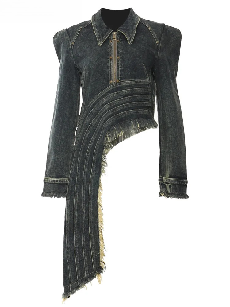 Heavy Industry Irregular Patchwork Burr Turn-Down Collar Design Chic Women's Denim Coats Autumn Winter New Zm207