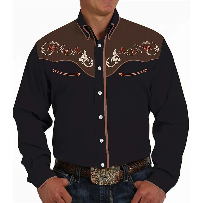 Vintage Floral Pattern Western Shirts For Men Spring Autumn Fashion Casual 3D Printed Long Sleeve Shirt Loose Streetwear Blouse 250225