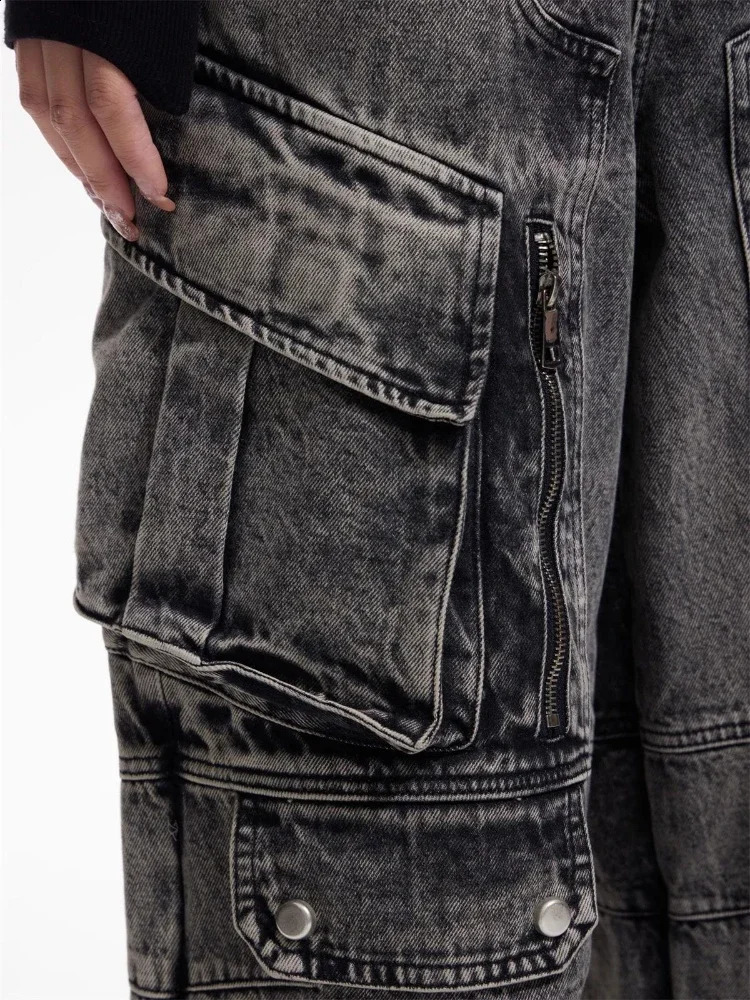High Street Jeans Women Loose Multi Pockets ed Vintage Couples Streetwear American Wide Leg Trouser K Pop Clothing Daily 250224