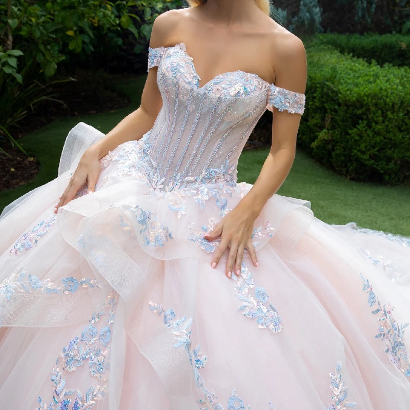 Pink Shiny Quinceanera Dresses Ball Gown Off Shoulder Applique Lace Bow Beads Tull Corset Sweet 16 Dress Vestidos 15 De Anos