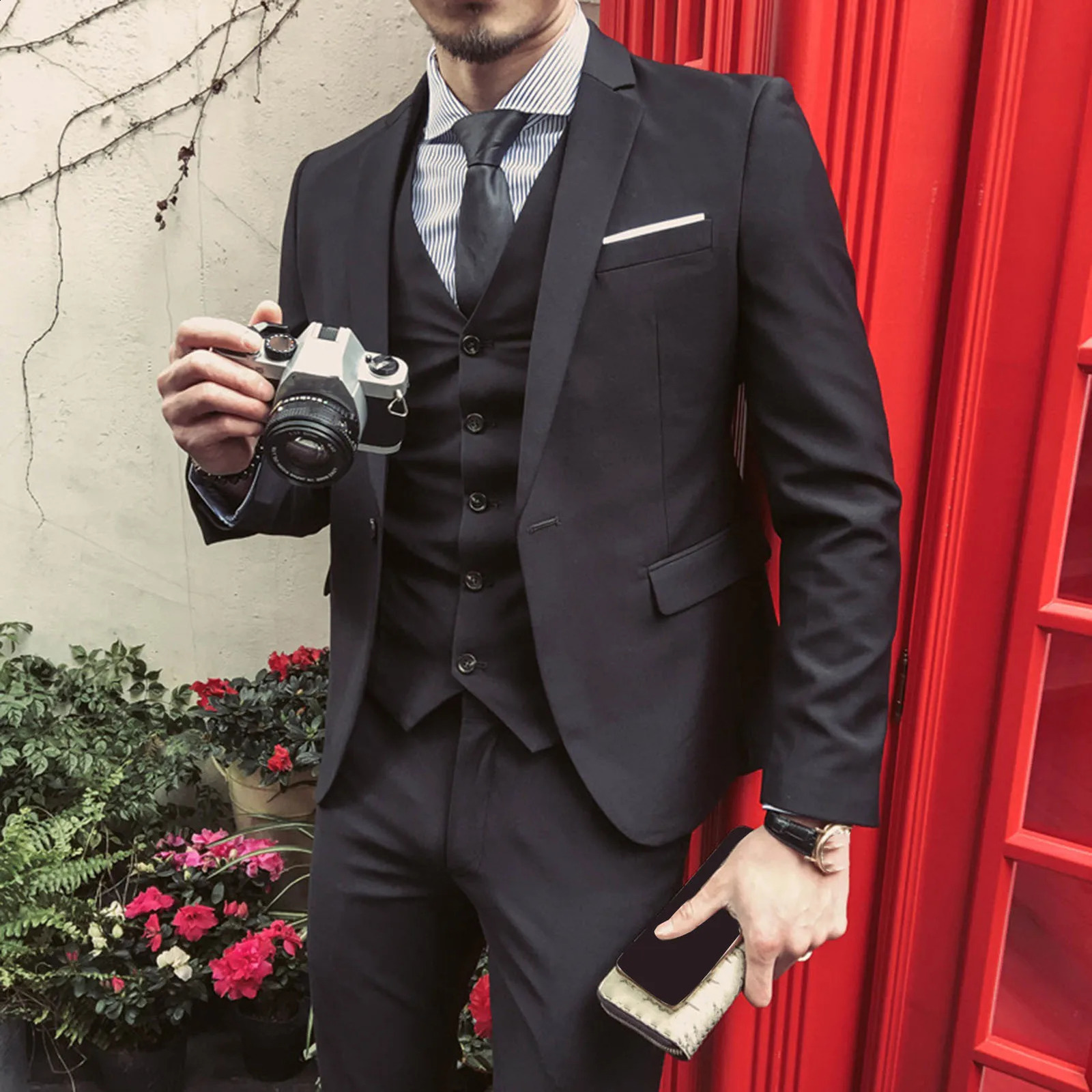 Men Three-piece Suit Mens Formal Business Style Slim Fit Wedding Suit Set with Silky Smooth Anti- Fabric Turn-down 250224