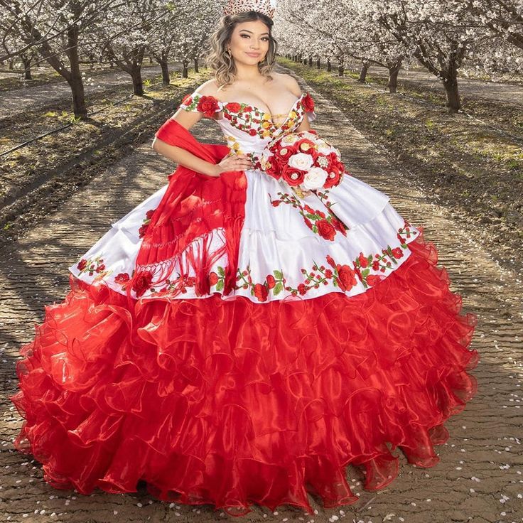 Mexican Charro Quinceanera Dress With Flower Embroidery Off The Shoulder Ruffles Tiered Ball Gown White and Red Sweet 16 Dresses Bow Back