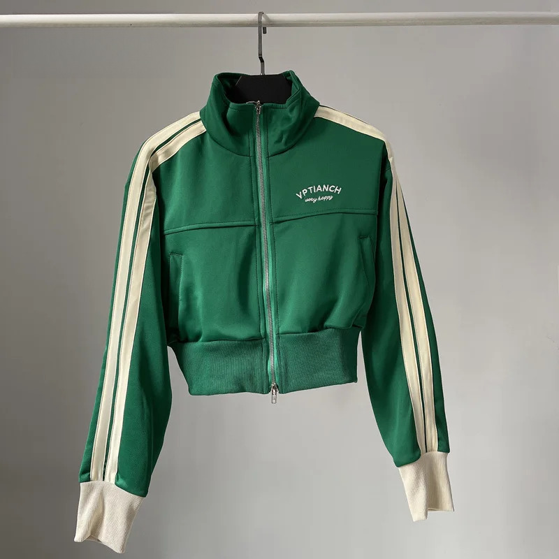 Spring Double Zipper Baseball Cropped Jacket Women Outerwear Embroidered Striped Green Black White Blue Zip Up Coat