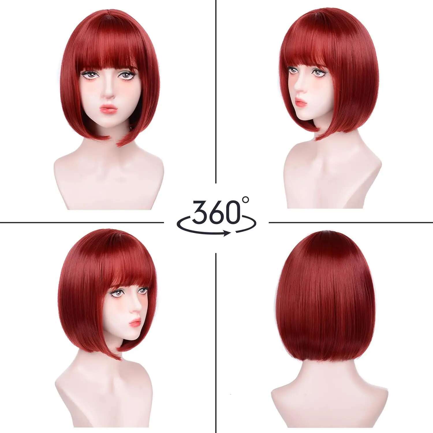 Short Bob Wigs With Bangs Synthetic 12" Straight Colorful Cosplay Daily Party Wig For Women Natural As Real Hair