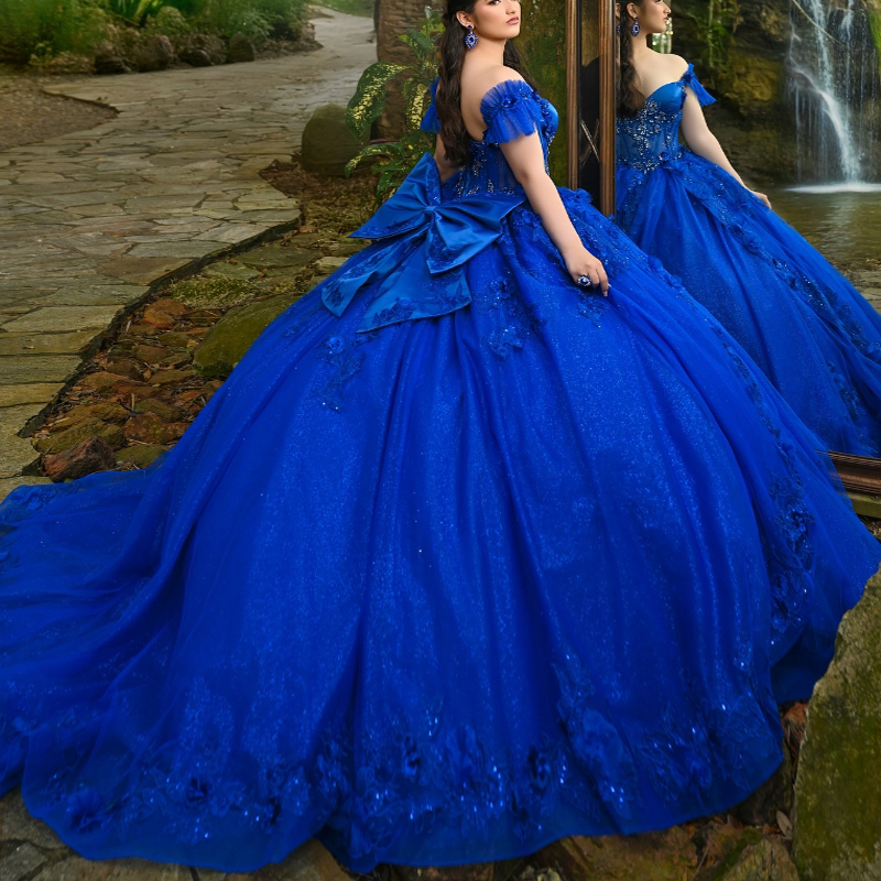 Royal Blue Shiny Quinceanera Dresses Ball Gown Off Shoulder Applique Lace Bow Beads Tull Corset Sweet 16 Dress Vestidos 15 De Anos