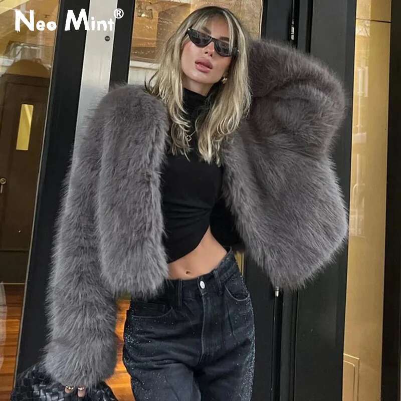 Neo Mint Street Fashion Girls Gray Fluffy Short Faux Fox Jacket Women Winter 2024 Hot Brand Thick Warm Eco Fur Coat Female