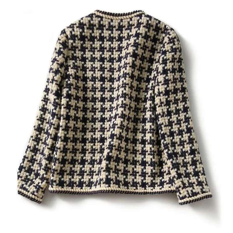 Silk Bright E Decoration Plaid Vintage O-Neck Long Sleeve Women's Jacket Covered Button Short Jackets Coat For Women