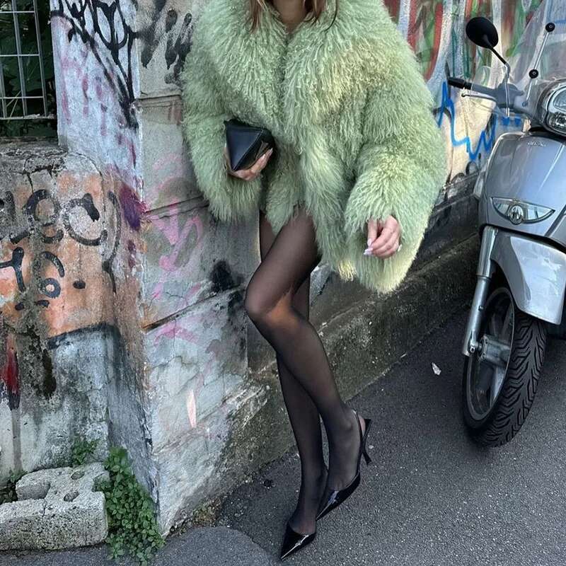 Elegant Faux Fur Jacket For Women Long Sleeve Lapel Loose Fashion Thick Coat 2024 Autumn New Lady Furry Outerwear