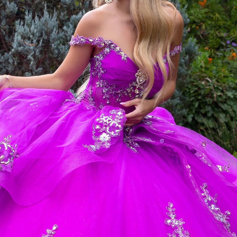Purple Shiny Quinceanera Dresses Ball Gown Off The Shoulder Applique Lace Bow Beads Tull Party Birthday Sweet 16 Vestidos 15 De Anos