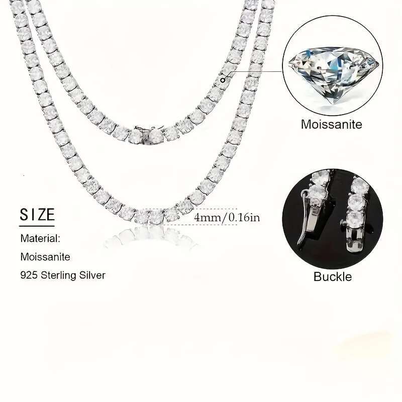 1pc S Sterg Sier With 45.9-112.00CT Necklace Gift 3-6.5 Mm D Color VVS1 Round Cut Moissanite Tennis Ne