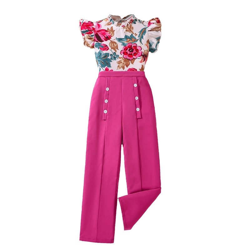 Kids Clothing Sets For Girls Sleeveless Flower Print Top And Solid Color Pants Stylish Girls Vacation Holiday Outfits Kids Suits D263