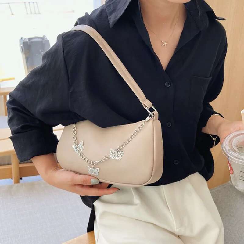 Fashion Women's Butterfly Chain Travel Shoulder Women's PU Leather Shopping Underarm Bag Solid Color Handbag