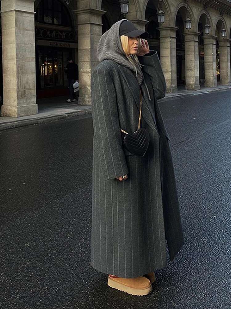Vintage Women Stripe Woolen Overcoats Fashion Lapel Sleeves Oversized Long Coats 2024 Autumn Winter Lady Commute Jacket