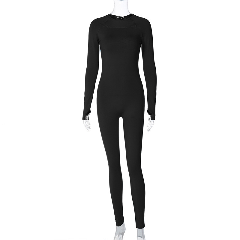 Women's New4 Spring New Fashion Street Shoot Solid Color Slim Fit Round Neck Long Sleeved Jumpsuit