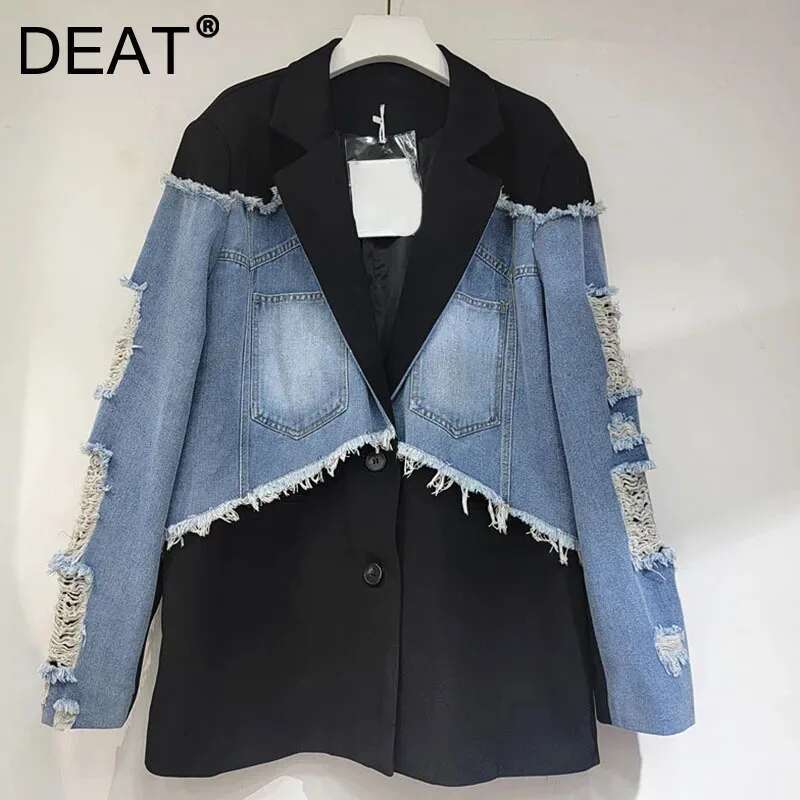 DEAT New Fashion Women's Contrasting Color Patchwork Suit Denim Jacket Loose Notched Long Sleeve Coat Female 2024 Autumn 11A0985