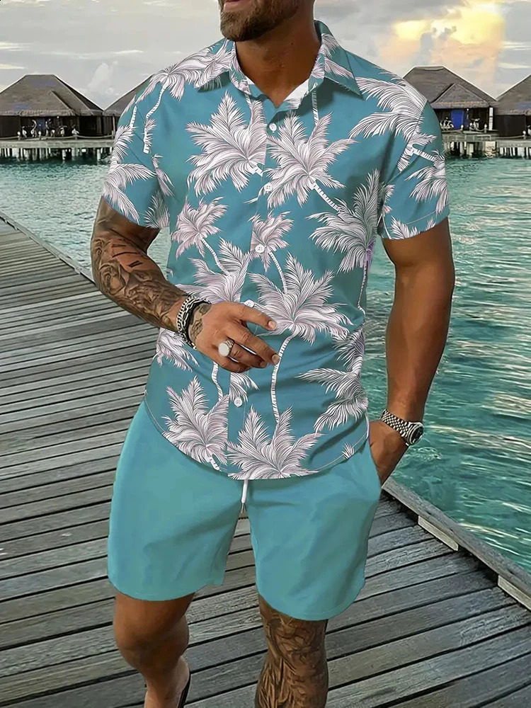 Hawaiian Mens Short-sleeved Shirt And Beach Shorts Set Summer Casual Mens Shirt Beach Vacation Loose Breathable Mens Shorts 250225