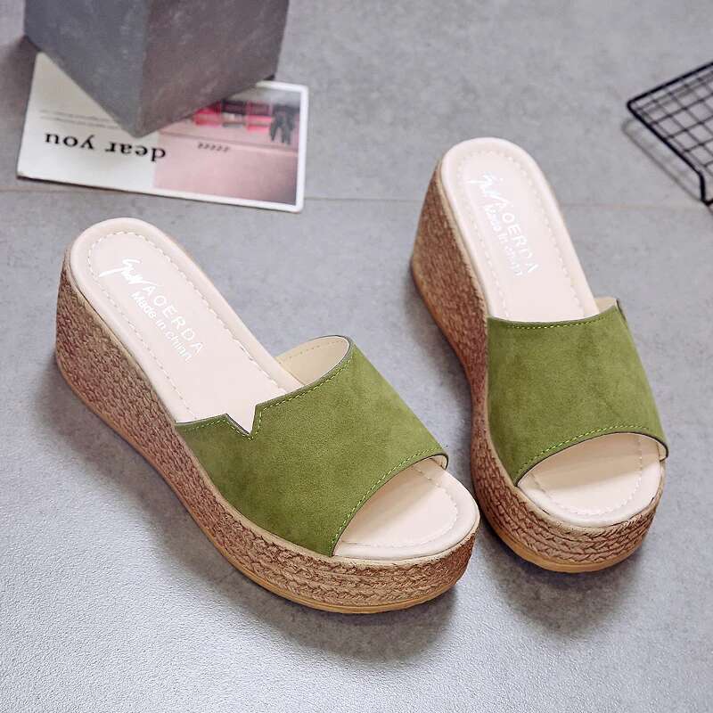 Summer 2025 Female Outside Leather Beach Slippers Platform Water Wedge Heel Cotton Fabric Heels Rubber Brief Toe Slides