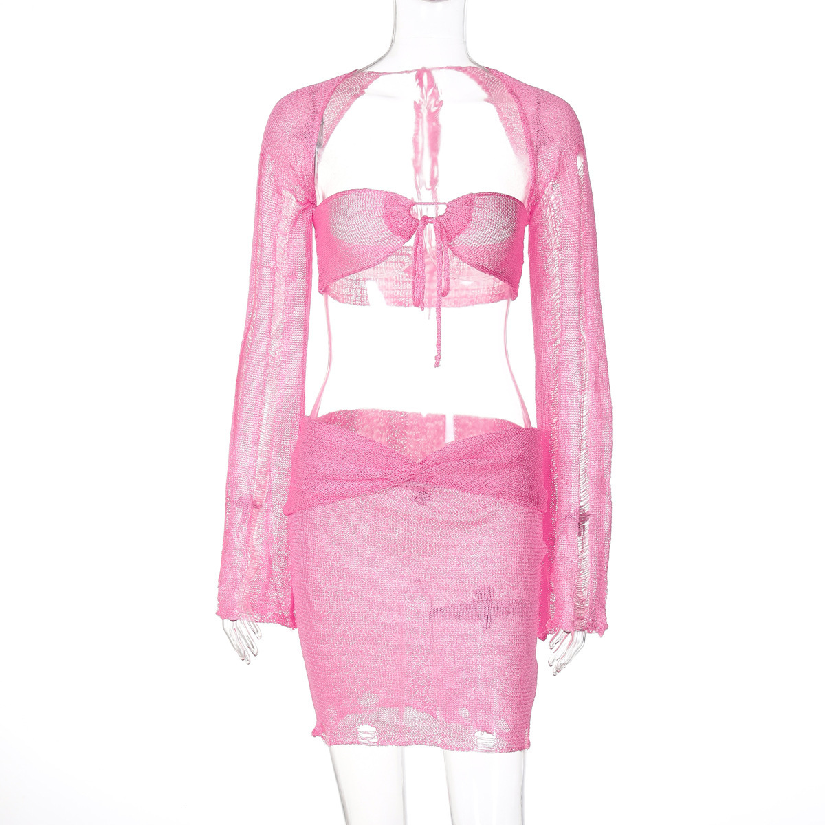Hot Selling New4 Autumn New Sexy Perforated Strapless Long Sleeved Hollow Out Woolen Short Skirt Set