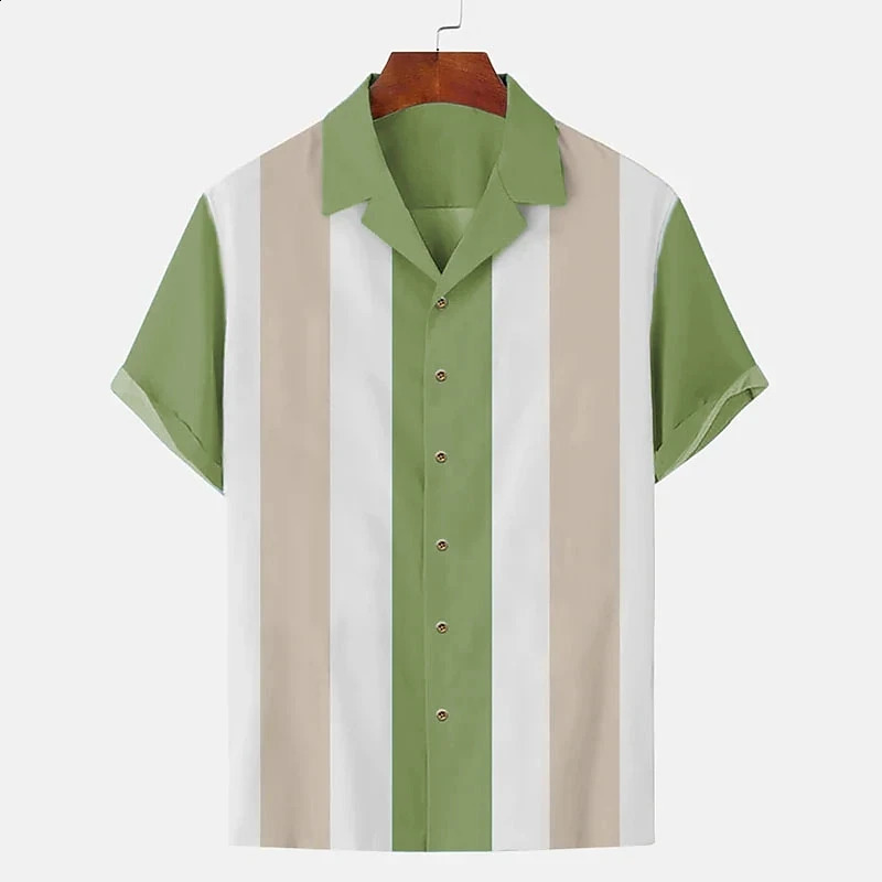 Hawaiian Casual Shirt Stripe Print Lapel Top Summer Fashion Street Short Sleeve Mens Shirt Oversized Male Clothing Cardigan 250225