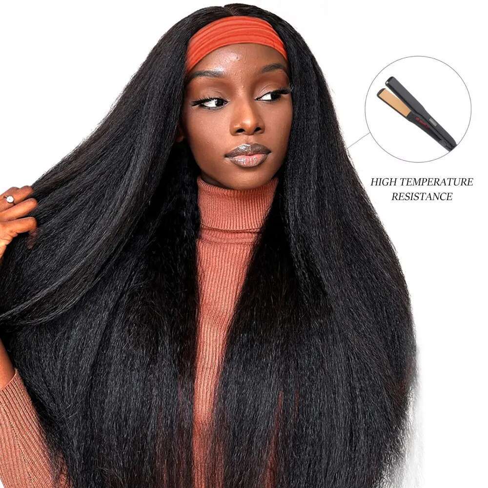 Long Kinky Synthetic Hair For African American Afro Yaki Straight Headband Wigs For Black Women