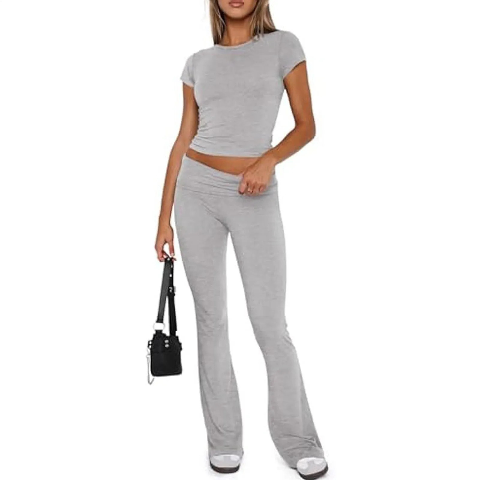 Fashion Womens 2 Piece Lounge Sets Short Sleeve Crop Top Foldover Flare Pants Casual Pajama Outfits Set Female Casual Tops 250225