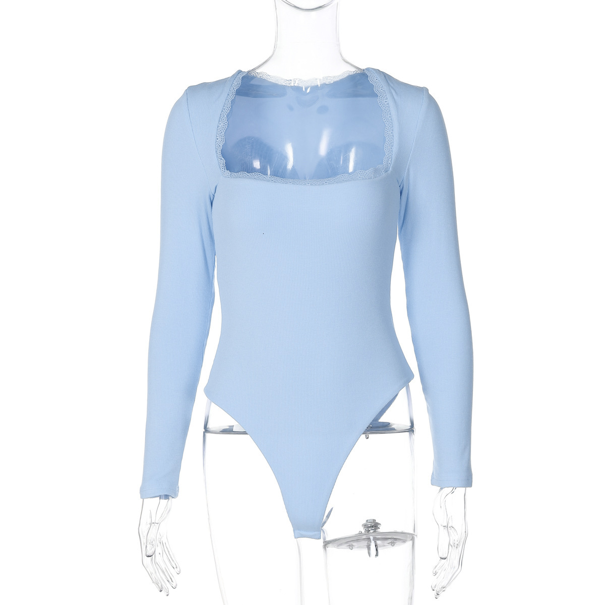 Women's New4 Winter New Product Fashionable And Sexy Square Collar Lace Slimming Bottom Long Sleeve Jumpsuit