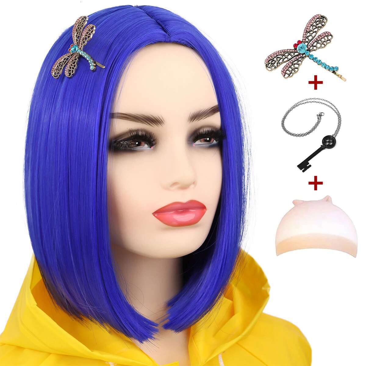 Corae Blue Short Straight Bob Wig Heat Resistant Synthetic Wigs For Halloween Cosplay Party
