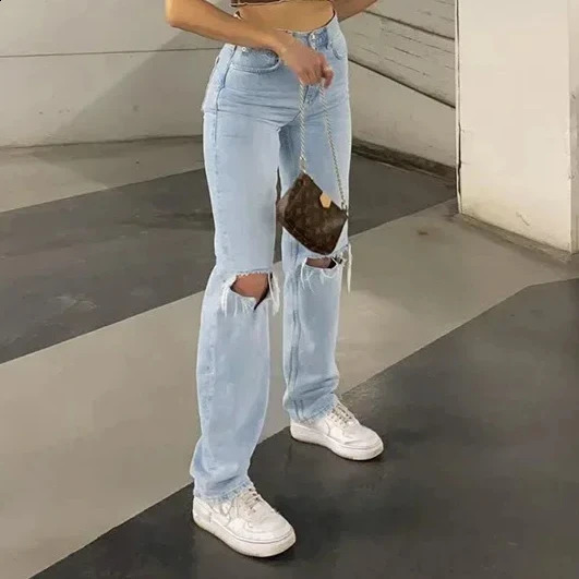 Womens Jeans Washing Y2k Denim Straight Mom Pants Ankle Length High Waist Zipper Holes Pockets Loose Streetwear Casual Work 250225