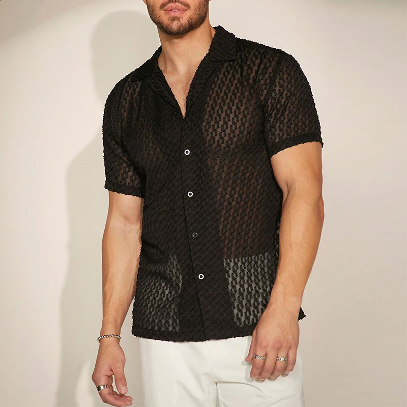 Fashionable hollow jacquard mesh shirt mens short sleeved button top transparent sexy summer mens breathable cardigan 250224