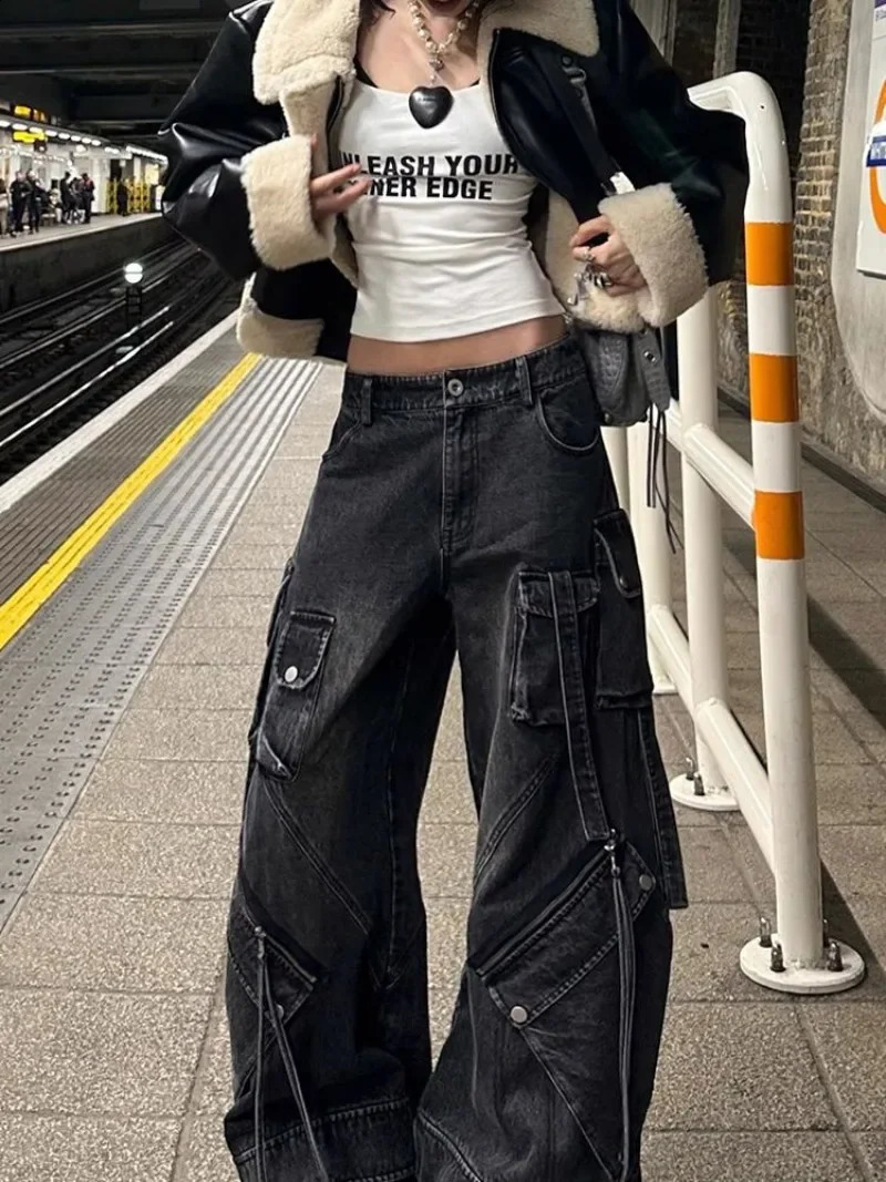 Fashion Heavy Industry Multi Pocket Wash Cargo Pants Women Y2K Streetwear Winter Girl Hip Hop High Waist Straight Jeans 250224