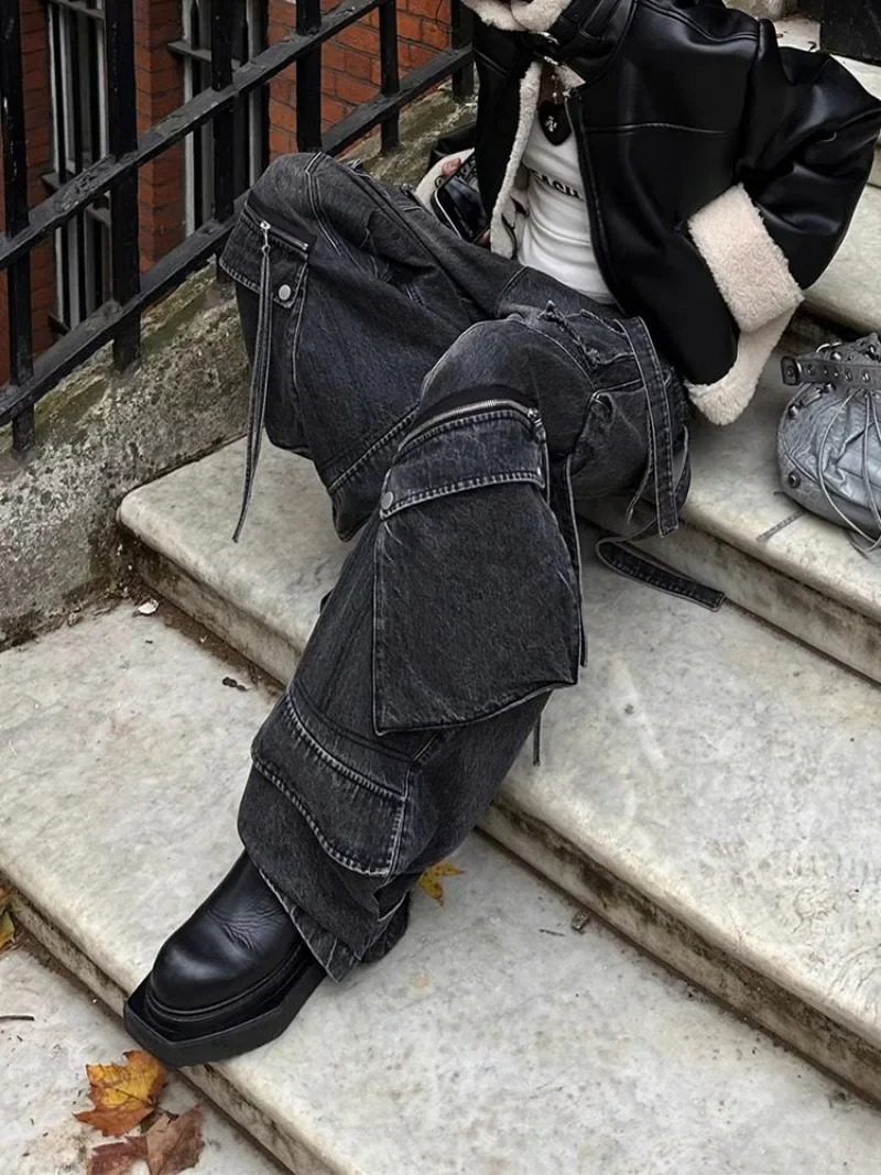 Fashion Heavy Industry Multi Pocket Wash Cargo Pants Women Y2K Streetwear Winter Girl Hip Hop High Waist Straight Jeans 250224