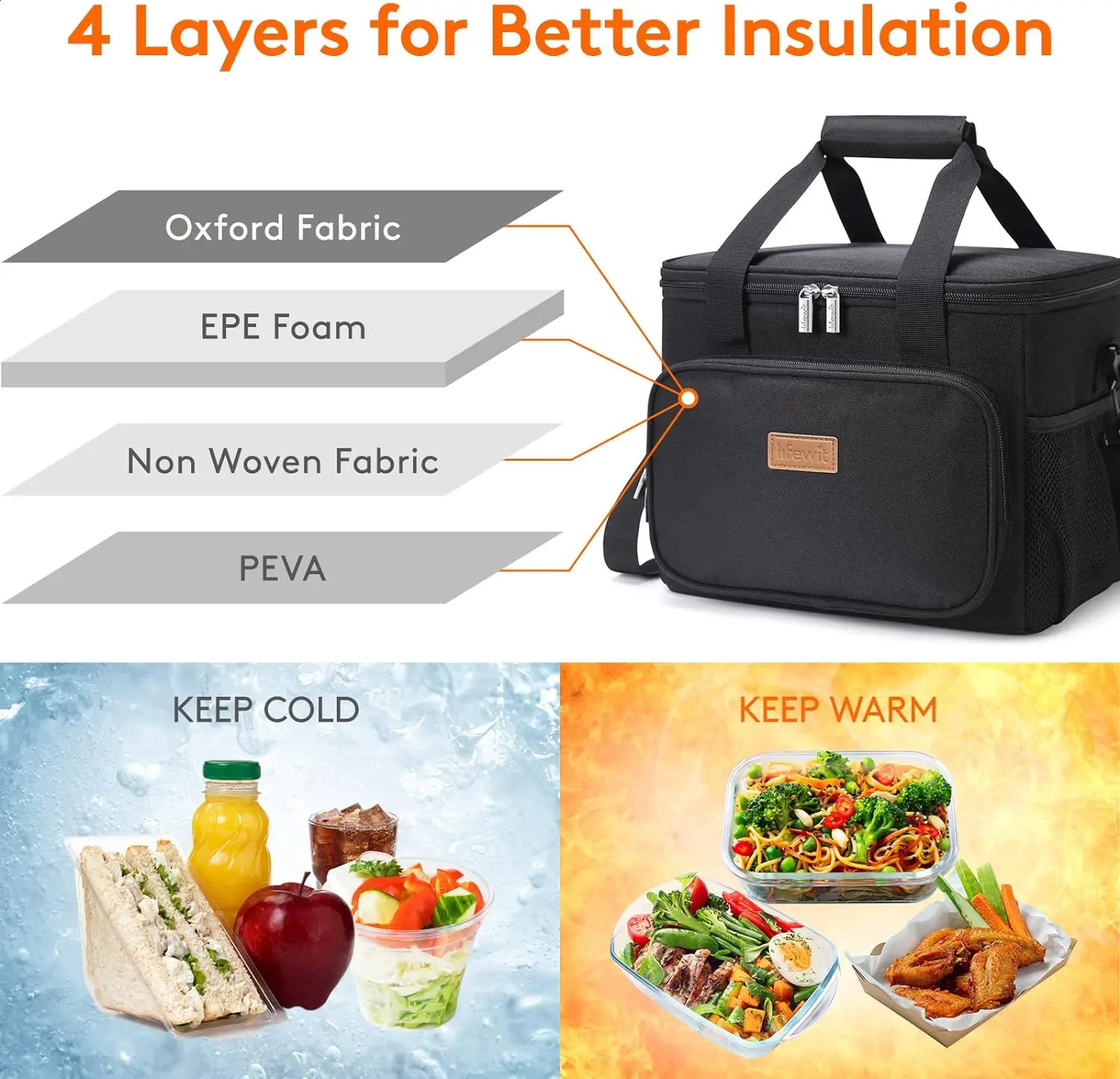 Lifewit Large Lunch Bag Insulated Lunch Box Soft Cooler Cooling Tote for Adult Men Women Black 15L 250228