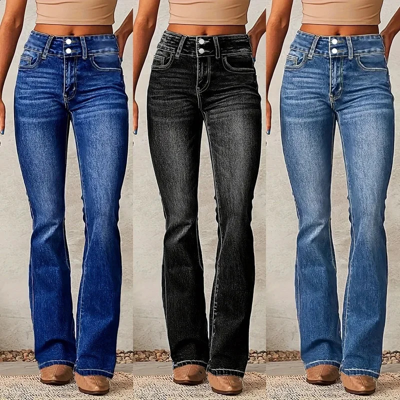 Jeans Flare Pants Womens Denim Long Pants Bodycon Casual Y2k Elegant Vintage Button Pocket Straight Trousers Zipper Streetwear 250225