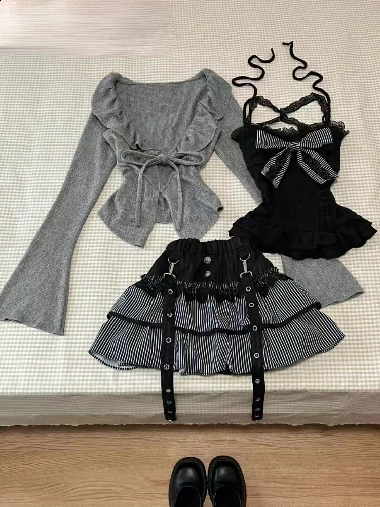 Autumn Winter Lace Bow 3-piece Set Womens Aesthetic Vintage Slim Long Sleeve Cardigan Elastic Waist Ruffle Short Skirt Suit 250225
