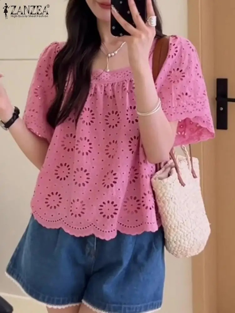 Fashion Lace Crochet Blouse Summer Women Tops ZANZEA Elegant Square Neck Short Sleeve Casual Work Shirt Bohemian Holiday Blouses 250228