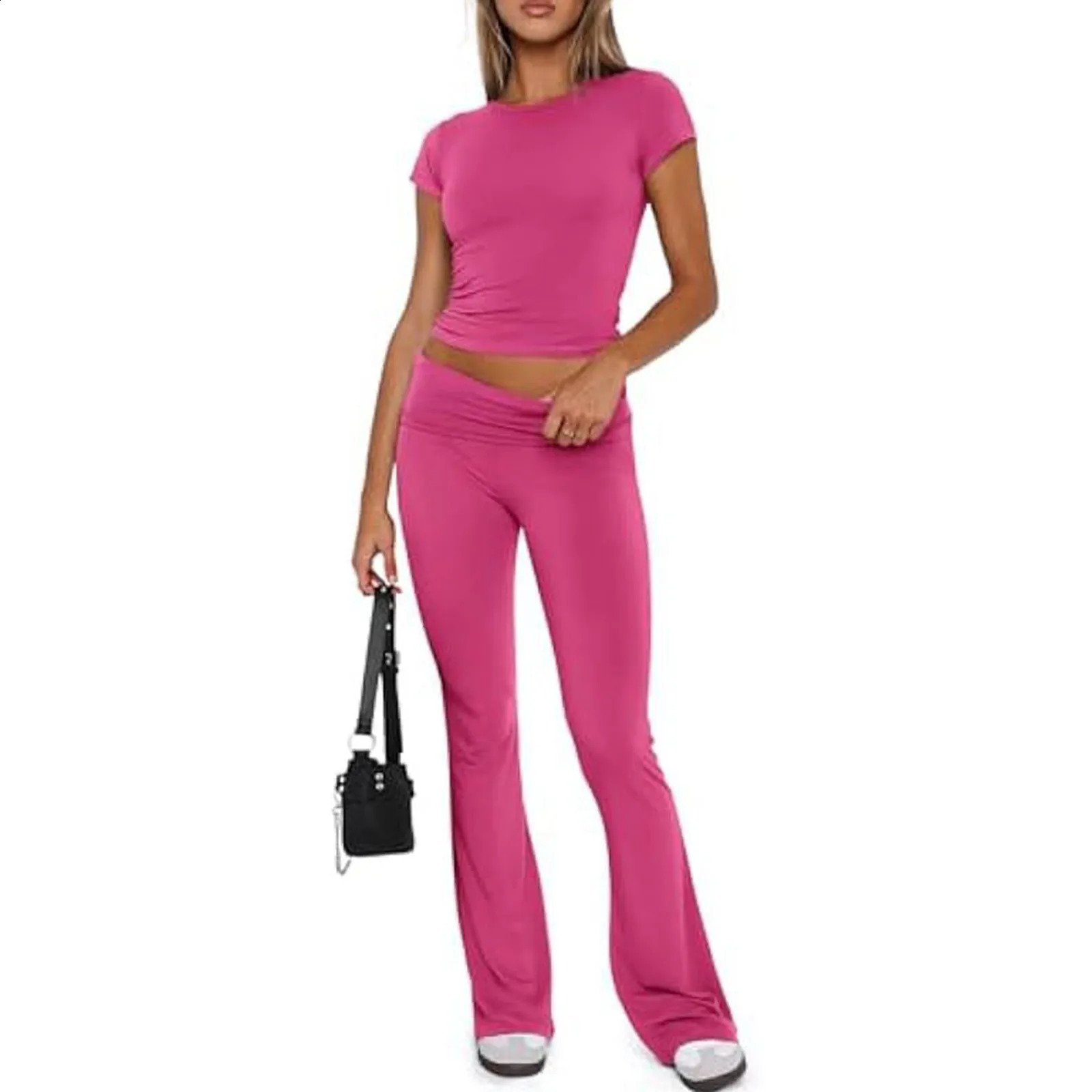 Fashion Womens 2 Piece Lounge Sets Short Sleeve Crop Top Foldover Flare Pants Casual Pajama Outfits Set Female Casual Tops 250225